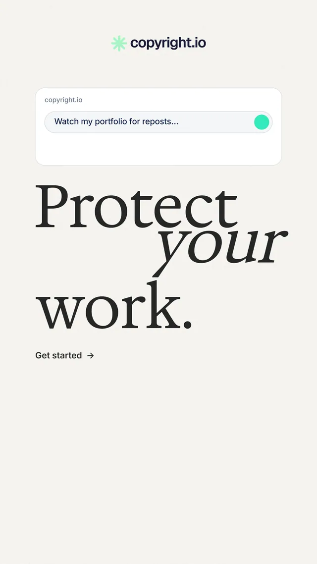 Instagram story for copyright.io: "Protect your work." Minimal luxury style, stacked layout, light palette in white, grey.