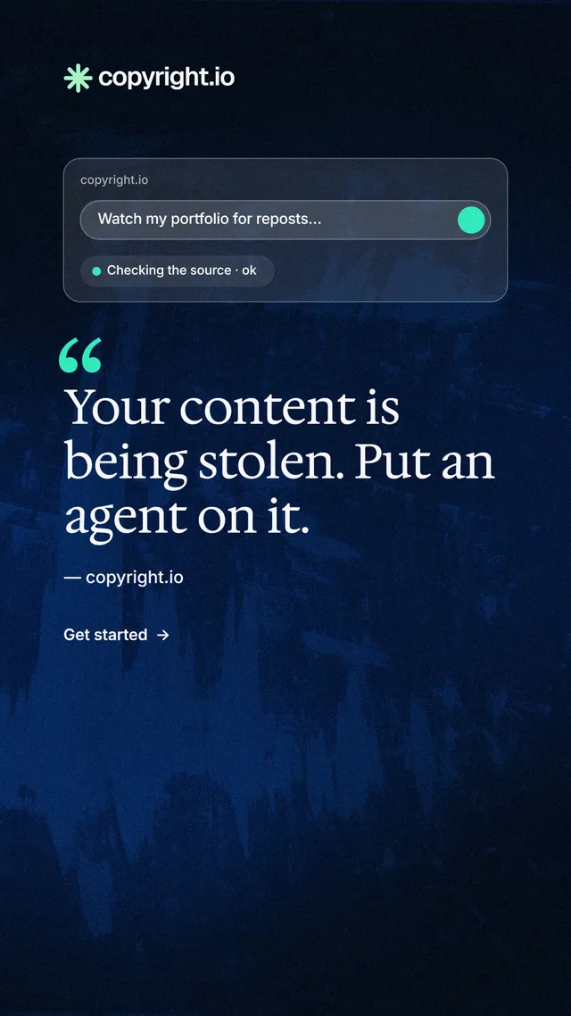 Instagram story for copyright.io: "Find your reposted work." Minimal luxury style, quote layout, dark palette in black, blue.