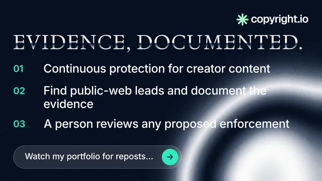 Landscape graphic for copyright.io: "Evidence, documented." Agentic glass style, numbered layout, dark palette in black, blue, grey.
