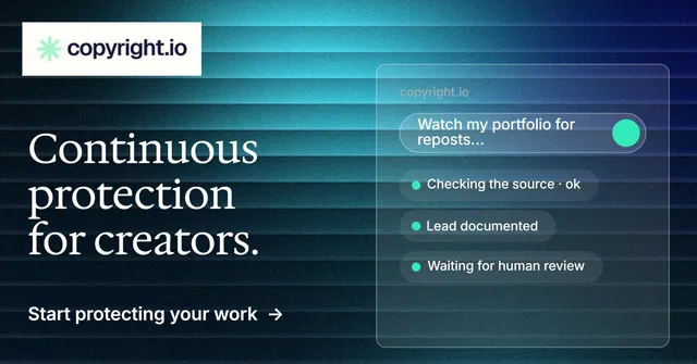 Social ad for copyright.io: "Continuous protection for creators." Minimal luxury style, bottom layout, dark palette in black, blue, teal.