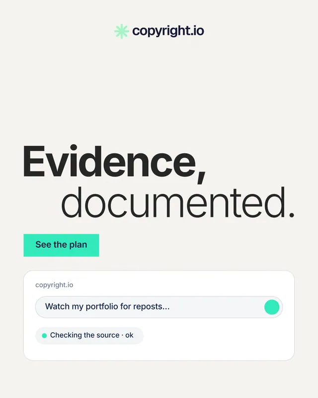 Instagram portrait post for copyright.io: "Evidence, documented." Swiss style, stacked layout, light palette in white, grey.
