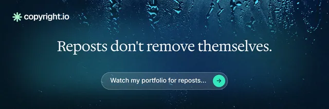 X header for copyright.io: "Reposts don't remove themselves." Agentic glass style, centred layout, dark palette in blue, black.