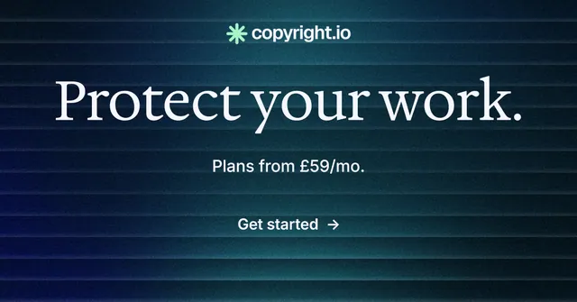 Social ad for copyright.io: "Protect your work." Minimal luxury style, centred layout, dark palette in blue, black.