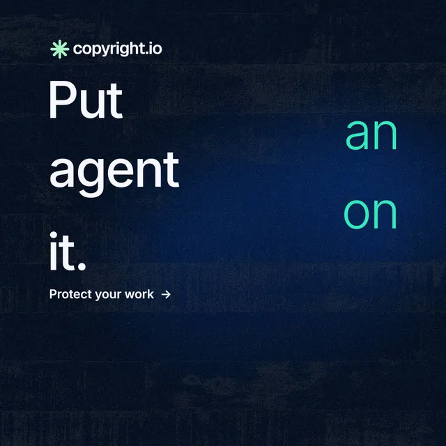 Instagram post for copyright.io: "Put an agent on it." Minimal luxury style, stacked layout, dark palette in black, blue.