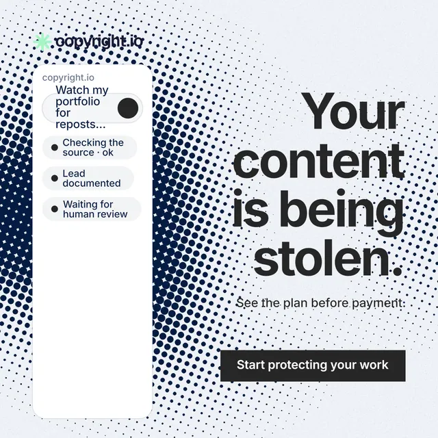 Instagram post for copyright.io: "Your content is being stolen." Swiss style, right layout, light palette in white, grey.