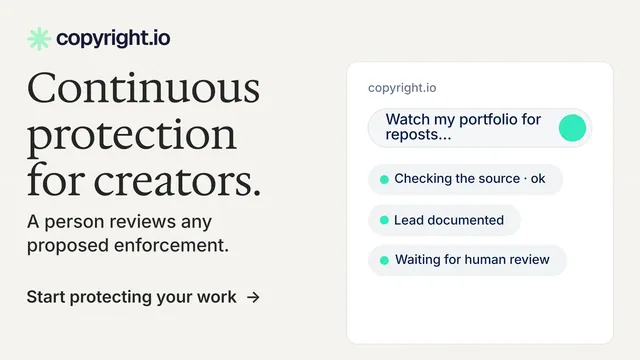 Landscape graphic for copyright.io: "Continuous protection for creators." Minimal luxury style, bottom layout, light palette in white, grey.