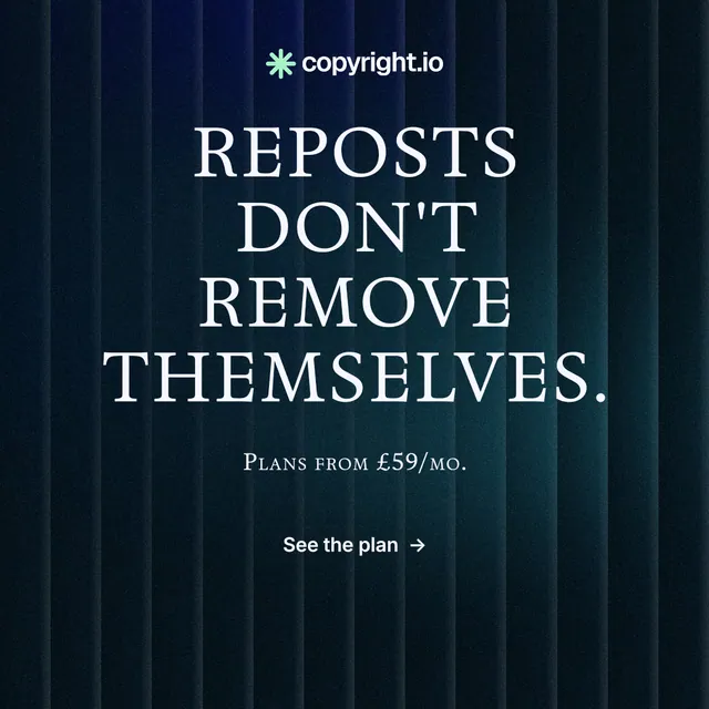 Instagram post for copyright.io: "Reposts don't remove themselves." Minimal luxury style, smallcaps layout, dark palette in black, blue.