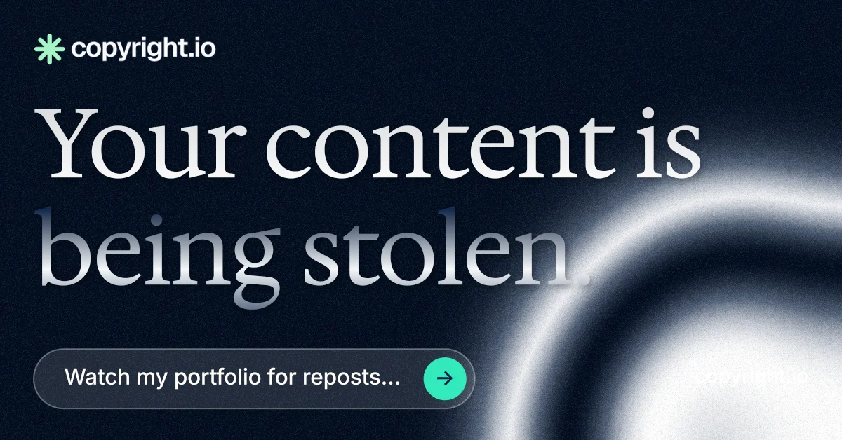 Social ad for copyright.io: "Your content is being stolen." Agentic glass style, poster layout, dark palette in black, blue, grey.