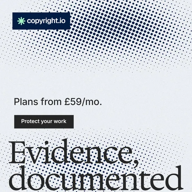 Instagram post for copyright.io: "Evidence, documented." Split block style, oversized layout, light palette in white, blue, grey.
