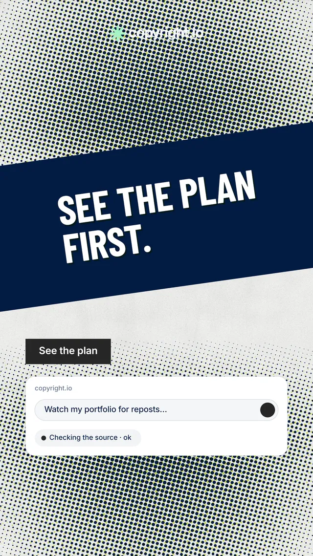 Instagram story for copyright.io: "See the plan first." Retro print style, diagonal layout, light palette in white, blue, grey.
