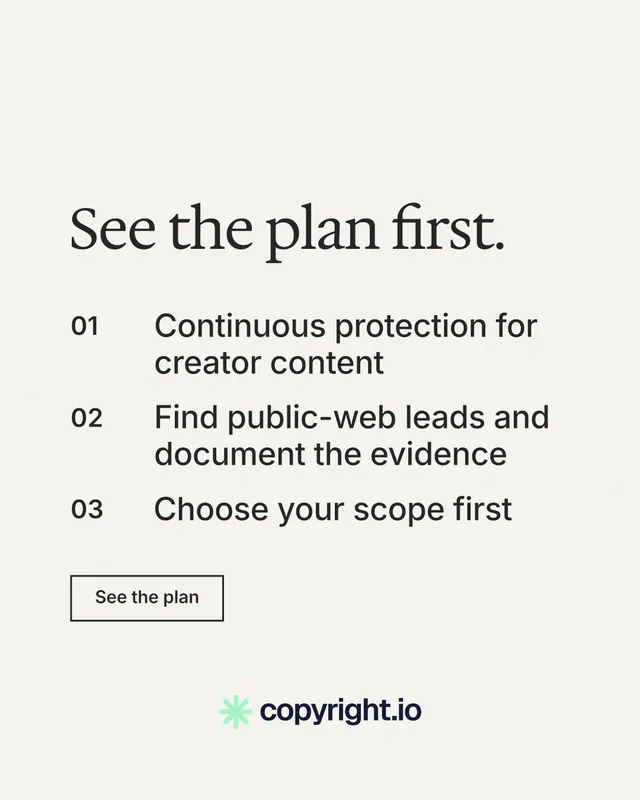 Instagram portrait post for copyright.io: "See the plan first." Editorial style, numbered layout, light palette in white, grey.