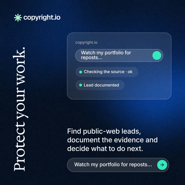 Instagram post for copyright.io: "Protect your work." Agentic glass style, vertical layout, dark palette in black, blue.