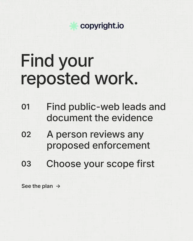 Instagram portrait post for copyright.io: "Find your reposted work." Minimal luxury style, numbered layout, light palette in white, grey.