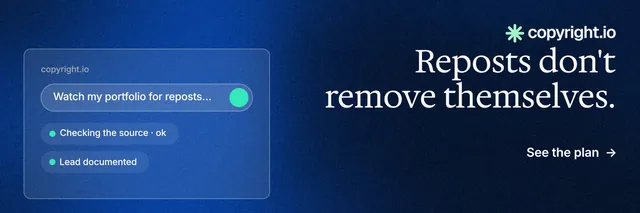 X header for copyright.io: "Reposts don't remove themselves." Minimal luxury style, right layout, dark palette in blue, black.