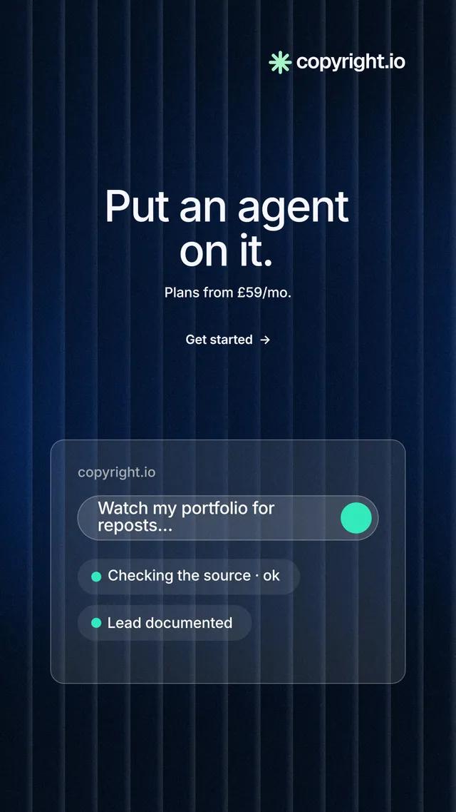 Instagram story for copyright.io: "Put an agent on it." Minimal luxury style, centred layout, dark palette in black, blue.