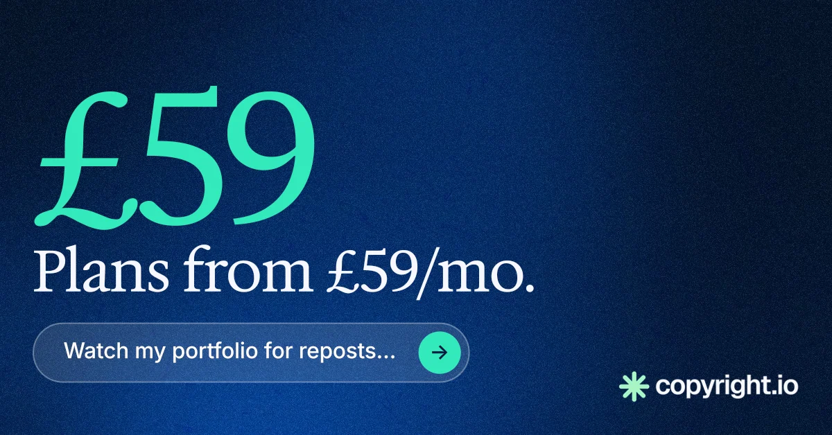 Social ad for copyright.io: "See the plan first." Agentic glass style, stat layout, dark palette in blue, black.