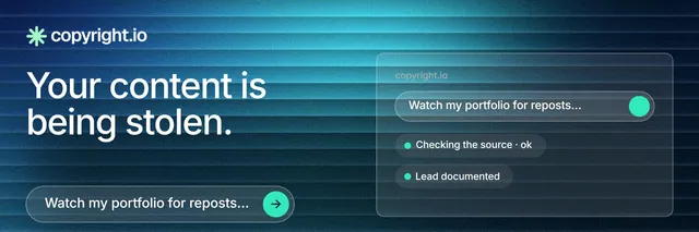 X header for copyright.io: "Your content is being stolen." Agentic glass style, bottom layout, dark palette in blue, teal.