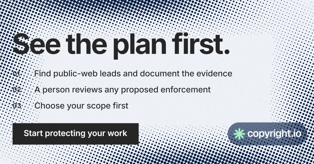 Social ad for copyright.io: "See the plan first." Swiss style, numbered layout, light palette in grey, blue, white.