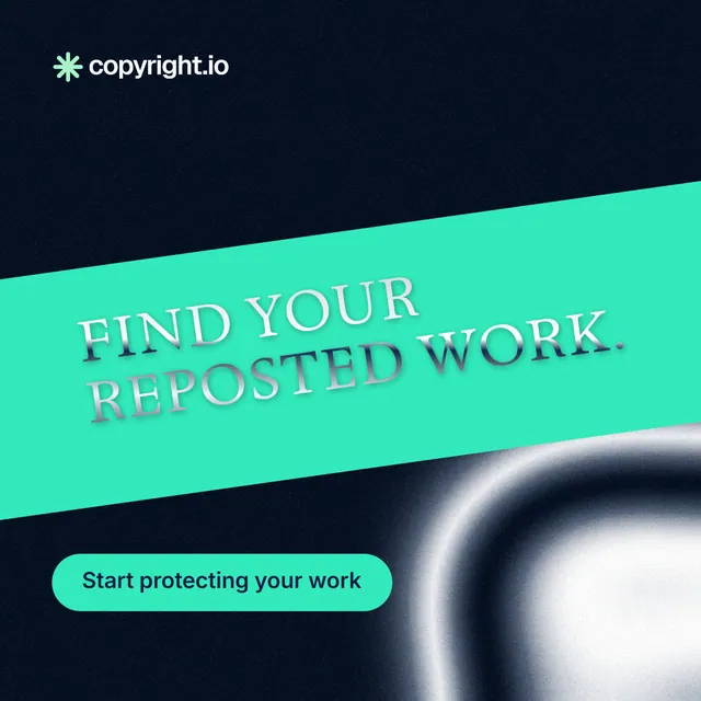 Instagram post for copyright.io: "Find your reposted work." Y2K style, diagonal layout, dark palette in black, teal, blue.
