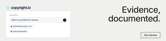 LinkedIn banner for copyright.io: "Evidence, documented." Editorial style, right layout, light palette in white.