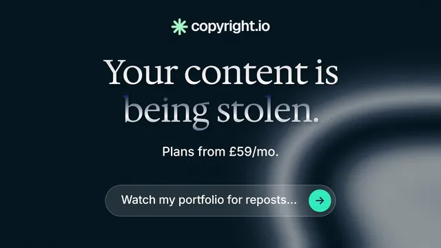 Landscape graphic for copyright.io: "Your content is being stolen." Agentic glass style, centred layout, dark palette in black, grey, blue.