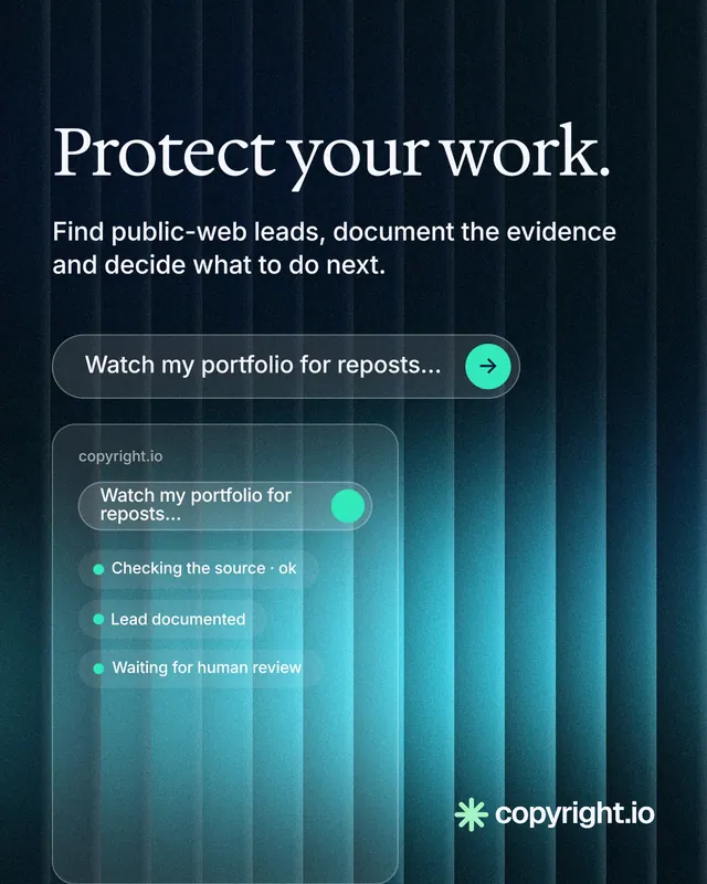 Instagram portrait post for copyright.io: "Protect your work." Agentic glass style, skeleton layout, dark palette in teal, black, blue.