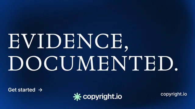 Landscape graphic for copyright.io: "Evidence, documented." Minimal luxury style, poster layout, dark palette in blue, black.