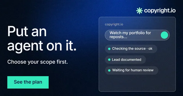 Social ad for copyright.io: "Put an agent on it." Swiss style, bottom layout, dark palette in blue, black.