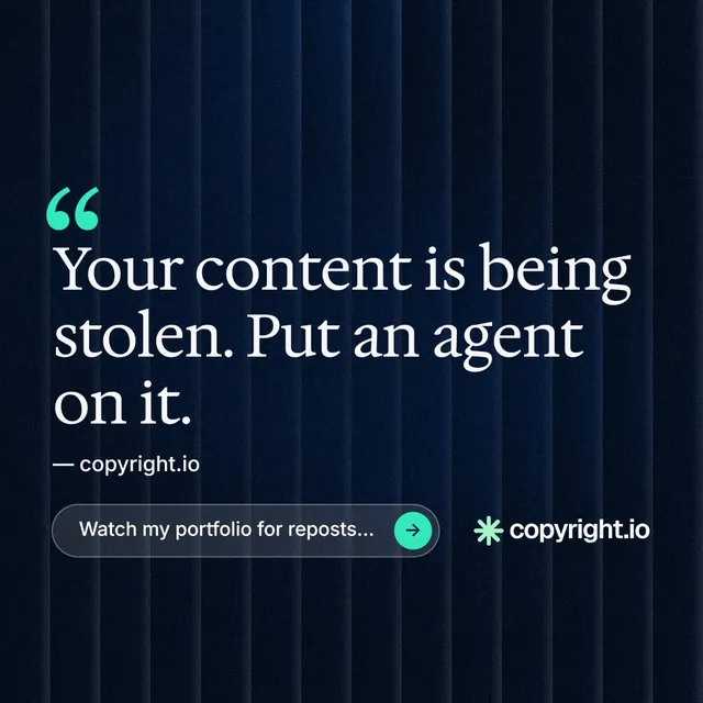 Instagram post for copyright.io: "Reposts don't remove themselves." Agentic glass style, quote layout, dark palette in black, blue, grey.