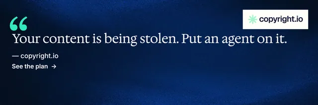 X header for copyright.io: "Put an agent on it." Minimal luxury style, quote layout, dark palette in blue, black, grey.