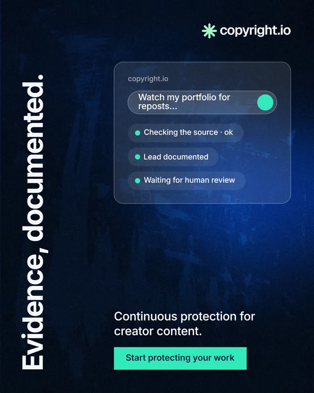 Instagram portrait post for copyright.io: "Evidence, documented." Swiss style, vertical layout, dark palette in black, blue, teal.