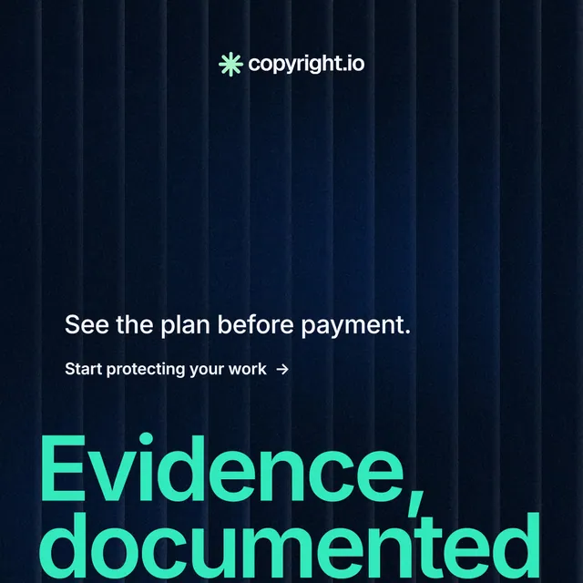 Instagram post for copyright.io: "Your content is being stolen." Minimal luxury style, oversized layout, dark palette in black, teal, blue.