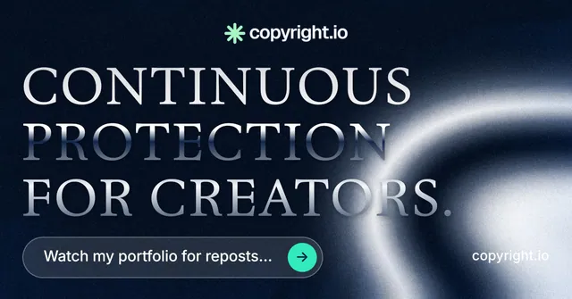 Social ad for copyright.io: "Continuous protection for creators." Agentic glass style, poster layout, dark palette in black, blue, grey.