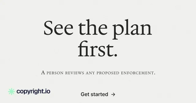 Social ad for copyright.io: "See the plan first." Minimal luxury style, smallcaps layout, light palette in white.