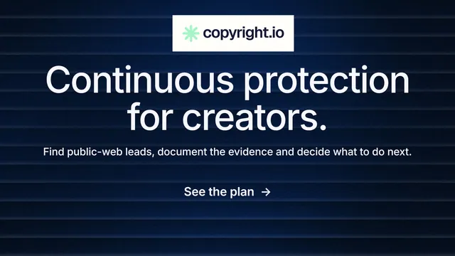 Landscape graphic for copyright.io: "Continuous protection for creators." Minimal luxury style, centred layout, dark palette in blue, black, grey.
