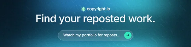 LinkedIn banner for copyright.io: "Find your reposted work." Agentic glass style, skeleton layout, dark palette in blue, teal.
