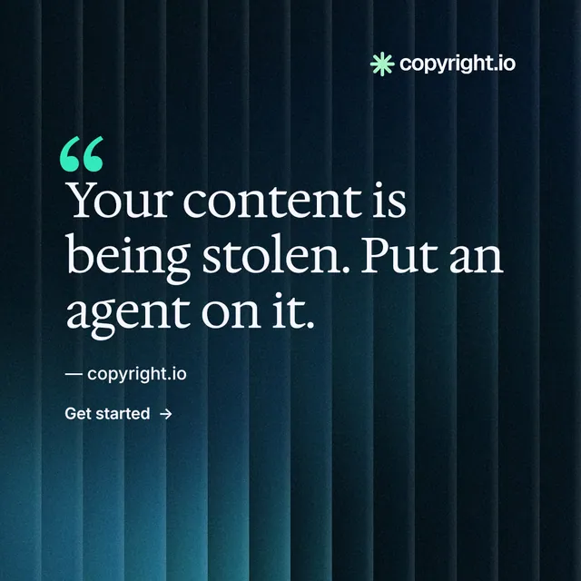 Instagram post for copyright.io: "Reposts don't remove themselves." Minimal luxury style, quote layout, dark palette in blue, black.