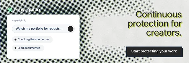 X header for copyright.io: "Continuous protection for creators." Brutalist style, right layout, light palette in white, grey.