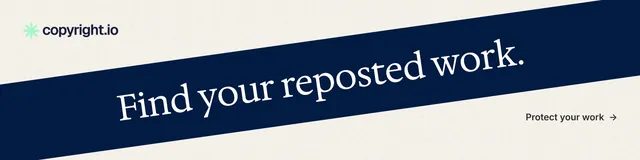 LinkedIn banner for copyright.io: "Find your reposted work." Minimal luxury style, diagonal layout, light palette in white, blue.