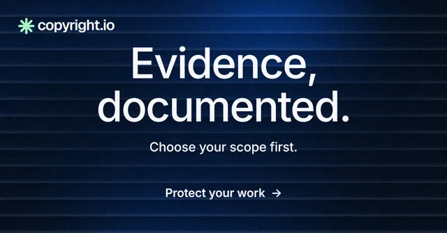 Social ad for copyright.io: "Evidence, documented." Minimal luxury style, centred layout, dark palette in black, blue, grey.