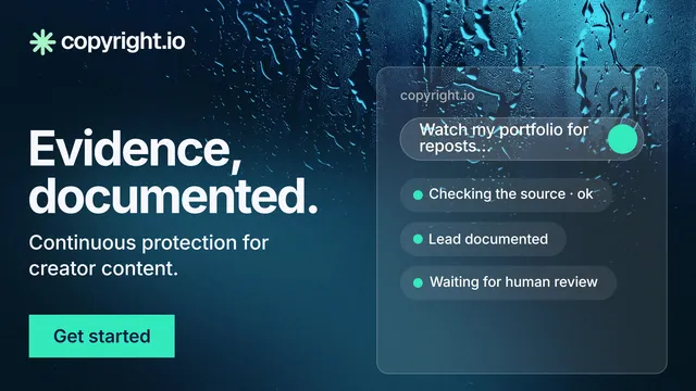 Landscape graphic for copyright.io: "Evidence, documented." Swiss style, bottom layout, dark palette in blue, black, teal.