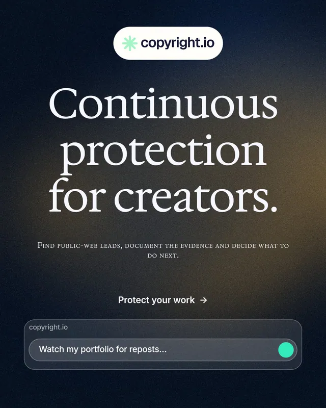 Instagram portrait post for copyright.io: "Continuous protection for creators." Agentic glass style, smallcaps layout, dark palette in black, blue, grey.