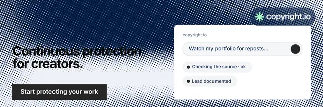 X header for copyright.io: "Continuous protection for creators." Swiss style, bottom layout, light palette in blue, white, grey.