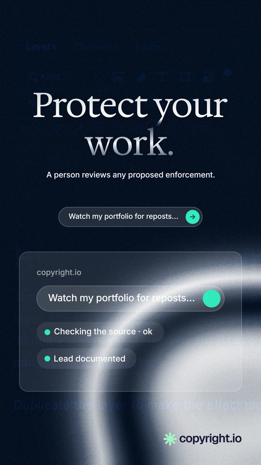 Instagram story for copyright.io: "Protect your work." Agentic glass style, centred layout, dark palette in black, blue, grey.