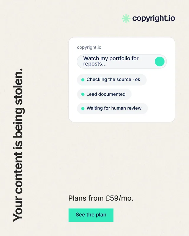 Instagram portrait post for copyright.io: "Your content is being stolen." Swiss style, vertical layout, light palette in white, grey.
