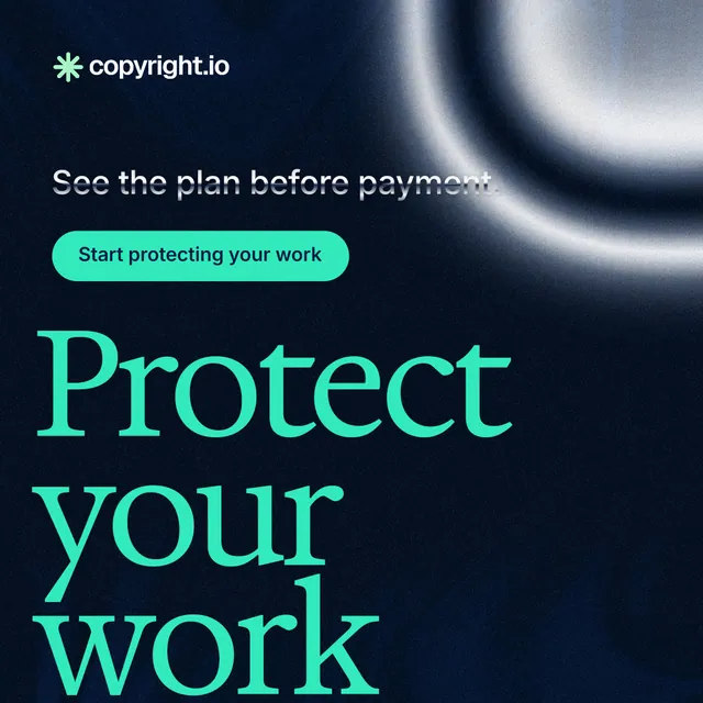 Instagram post for copyright.io: "Reposts don't remove themselves." Y2K style, oversized layout, dark palette in black, teal, blue.