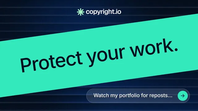 Landscape graphic for copyright.io: "Protect your work." Agentic glass style, diagonal layout, dark palette in teal, black, blue.