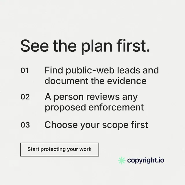 Instagram post for copyright.io: "See the plan first." Editorial style, numbered layout, light palette in white, grey.