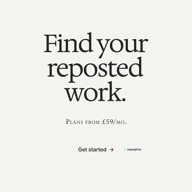 Instagram post for copyright.io: "Find your reposted work." Swiss style, smallcaps layout, light palette in white, grey.