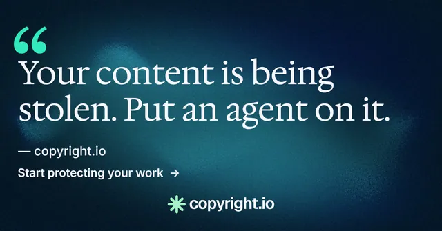 Social ad for copyright.io: "Reposts don't remove themselves." Minimal luxury style, quote layout, dark palette in blue, black, teal.